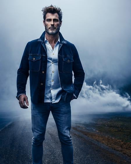 masterpiece realistic, best high quality, 1boy, solo, facial hair, blue denim collared jacket, dark blue denim jeans, short brown spikey hair, sleeves rolled up, looking at viewer, standing, cowboy shot, arms at sides, arm hair, mature male, smoke, fog, sfw