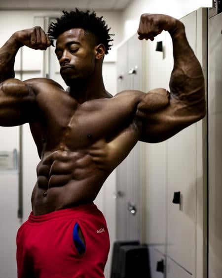 masterpiece realistic, best high quality, black, dark skin, african man, flexing, gym locker room, athletic