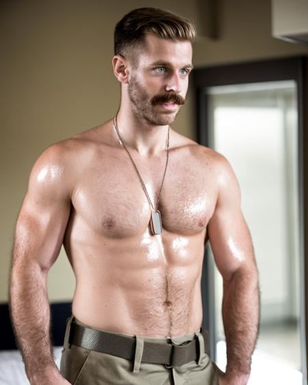 masterpiece realistic, best high quality, dog tag necklace, green camouflage pants, navel, short brown hair, military uniform, nipples, beige belt, muscular, sweat, solo, topless, parted lips, mustache, abs, pectorals, blue eyes, soldier, looking to the side, standing, topless, indoors, shiny skin, collarbone, arms at sides, chest hair, arm hair, blurry background, risque