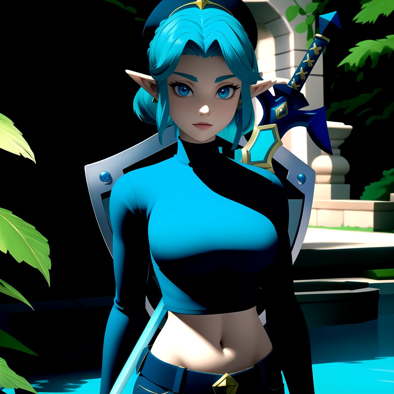 centered, upper body, masterpiece, 3d, unreal engine, 3d model, standing, | aqua hair, light blue eyes color, fluffy messy hairstyle, (looking at viewer), woman, | black crop top hoodie, midriff, navel, groin, lowrise jeans, blue benie hat, (shield at back, sword at back), belt, | palace garden, european castle, forest scenery, far away town, market, outdoors, | n64style, ocarinaoftime, majorasmask, |