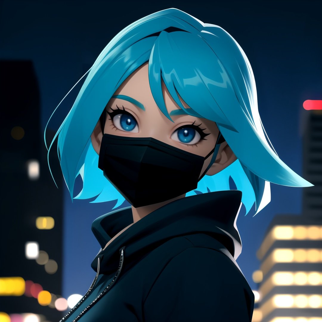 centered, masterpiece, face portrait, (frontal view, looking at front, facing viewer:1.2), | 1girl, solo, aqua hair color, short hairstyle, light blue eyes, | (black mouth mask:1.2), dark blue hoodie, | city lights, sunset, buildings, urban scenery, | bokeh, depth of field, | n64style, ocarinaoftime,