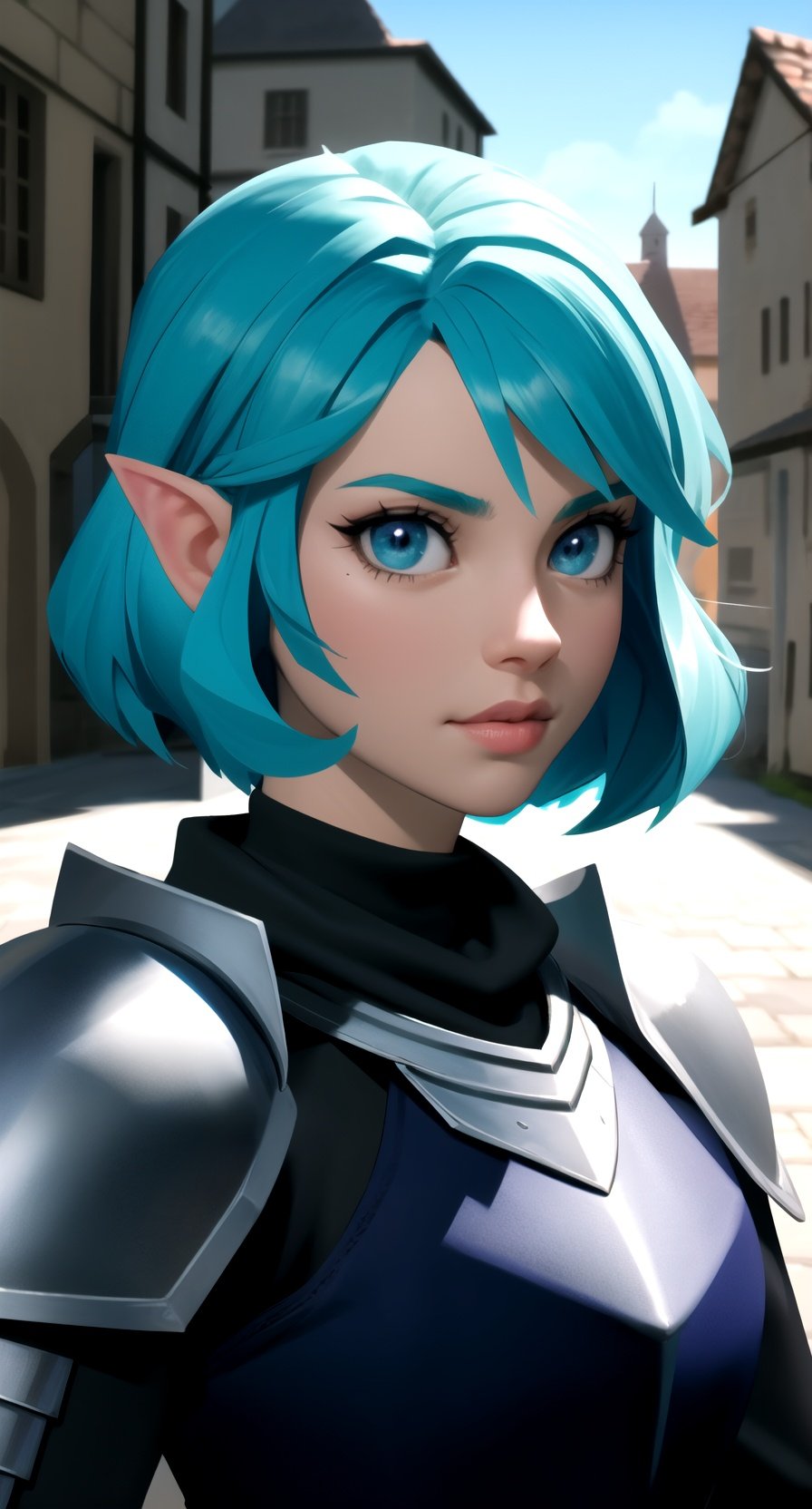 centered, upper body, award winning upper body portrait, (detailed face), (beautiful detailed eyes:1.2), | solo, knight woman, short hair, aqua hair color, light blue eyes, (black knight tight armor), symetrical and detailed armor, | fantasy town, medieval, european street, | bokeh, depht of field, | hyperealistic shadows, smooth detailed, blurred background, | n64style, ocarinaoftime,