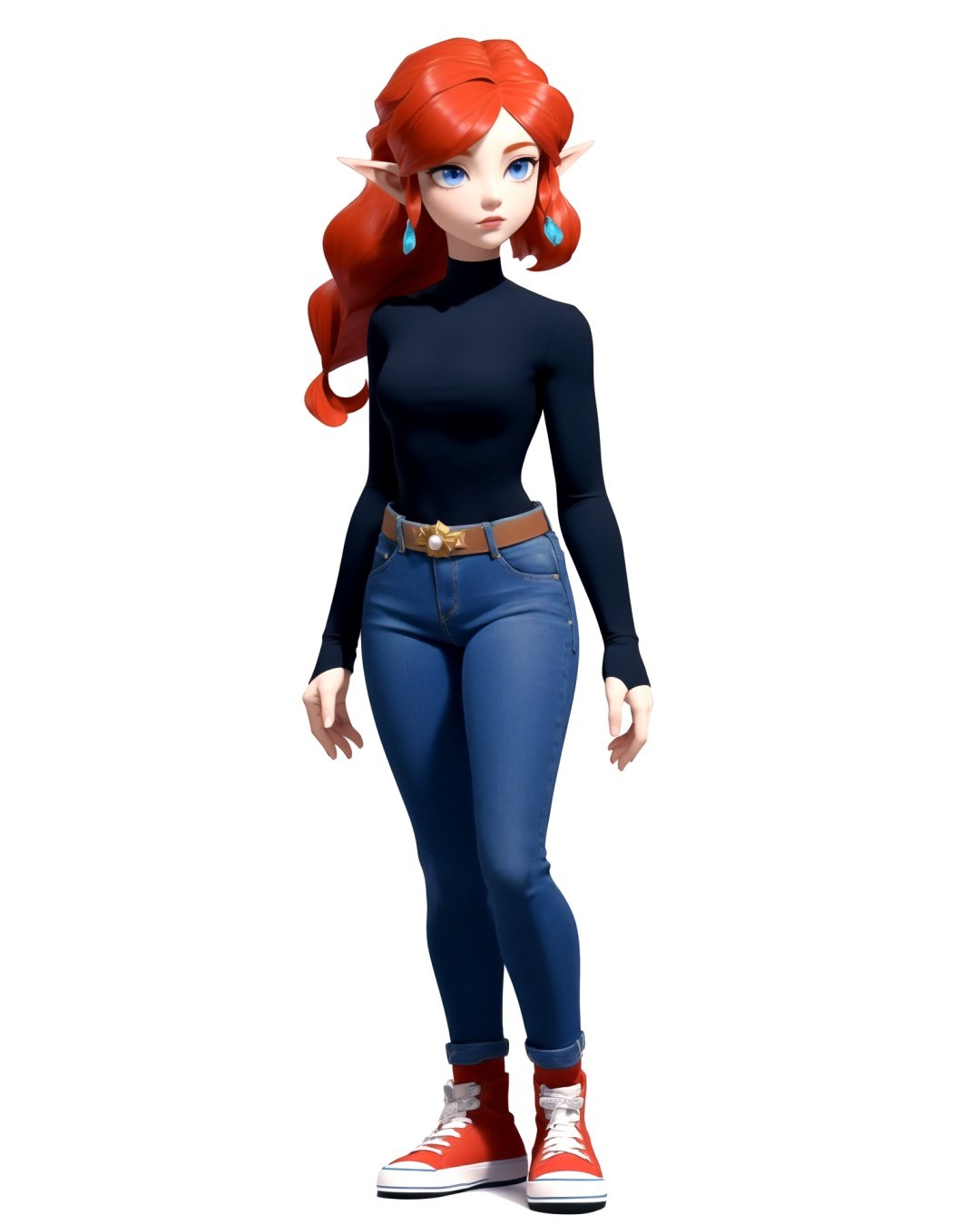 centered, upper body, masterpiece, 3d, unreal engine, 3d model, standing, | 1girl, black long sleeve top, jeans, converse shoes, red crimson hair color, messy hair, long wavy hairstyle, | (white blue background, simple background:1.2), | n64style, ocarinaoftime, majorasmask, | ,3DMM