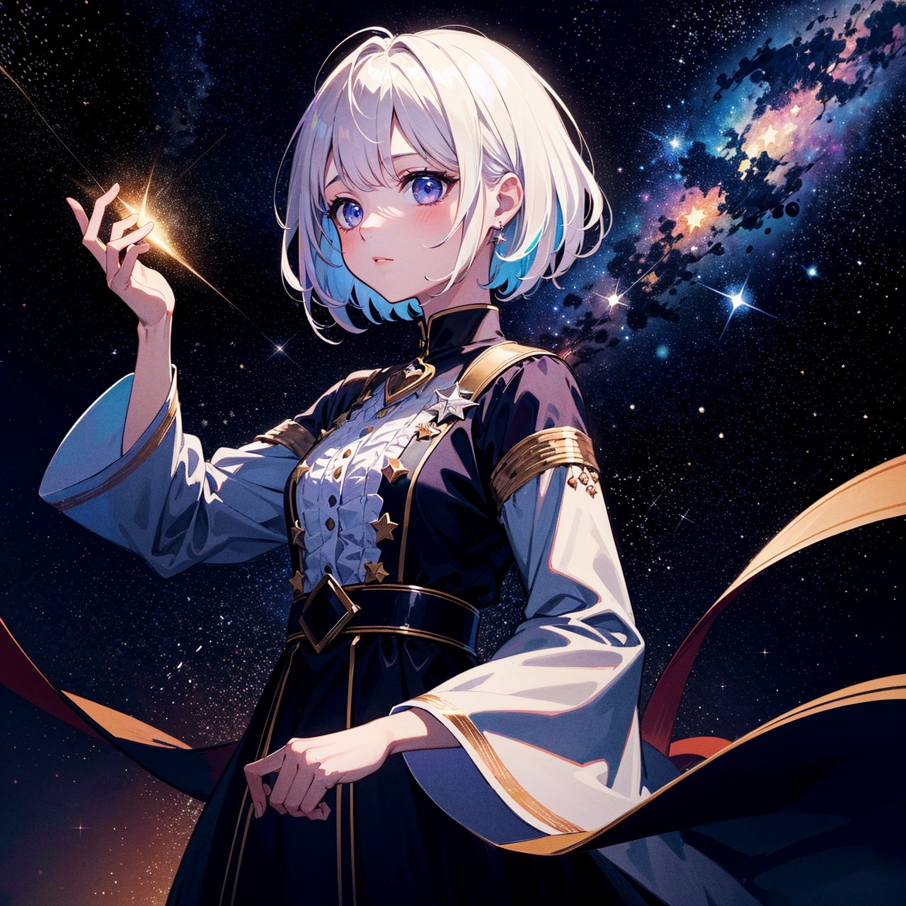 (((masterpiece))), ((8k high quality)),
add_detail:1, starlight, stars, holding stars, glowing, space, 🌌, 1girl, young girl, curious expression, short hair, flowing hair, bangs, colorful detailed eyes