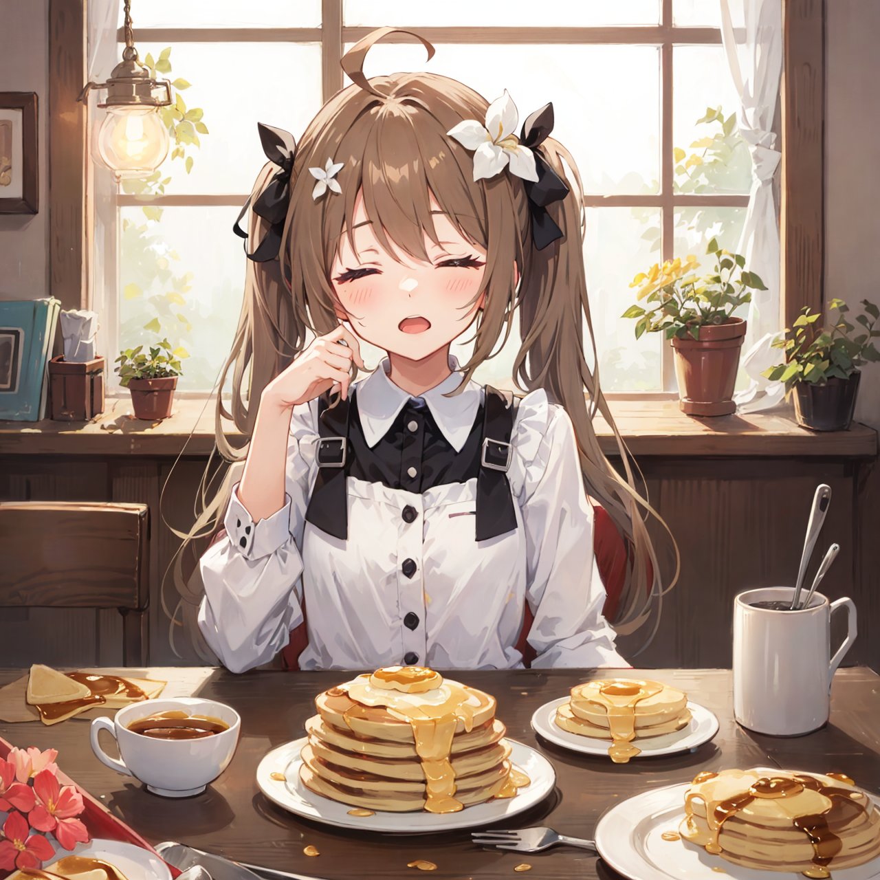 pancake stack, 1girl, close eyes, light brown hair, hair flower ornament, ahoge, sleepy, open mouth, twintail, long hair, girl on pancake