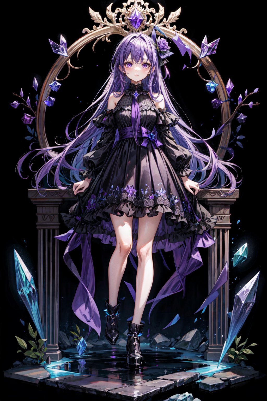 Girl, long purple hair, purple eyes, wearing a purple dress and black skirt, standing on a crystal fountain, black background, beautiful crystal.,