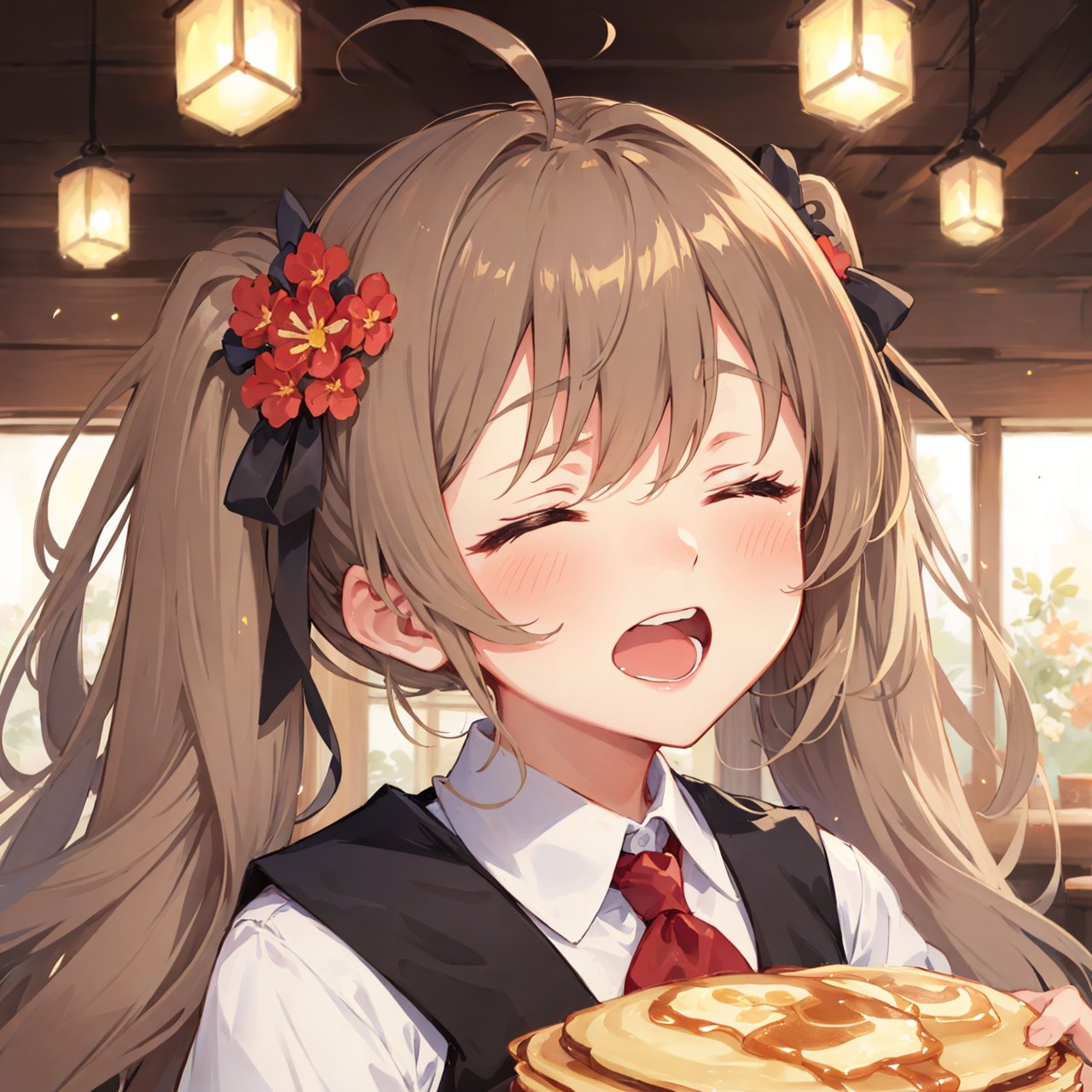 pancake stack, 1girl, close eyes, light brown hair, hair flower ornament, ahoge, sleepy, open mouth, twintail, long hair, girl on pancake