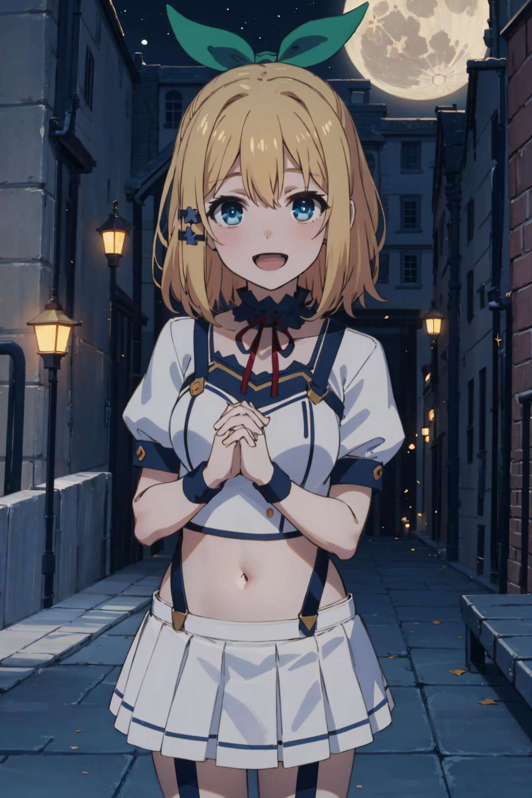 best quality, (masterpiece:1.2), detailed, medieval,<lora:chara_Rokuaka_RumiaTingel_v1:0.8>, Rumia Tingel,1girl, solo, open mouth, light smile,medium hair, blonde hair, short ponytail, blue eyes, green bow, x hair ornament,school uniform, suspenders, short sleeves, (white shirt:1.4), red ribbon, miniskirt, white skirt, navel, crop top,standing, from angle, own hands together, looking at the viewer,outdoors, night, moon, <lora:night-r:0.5>