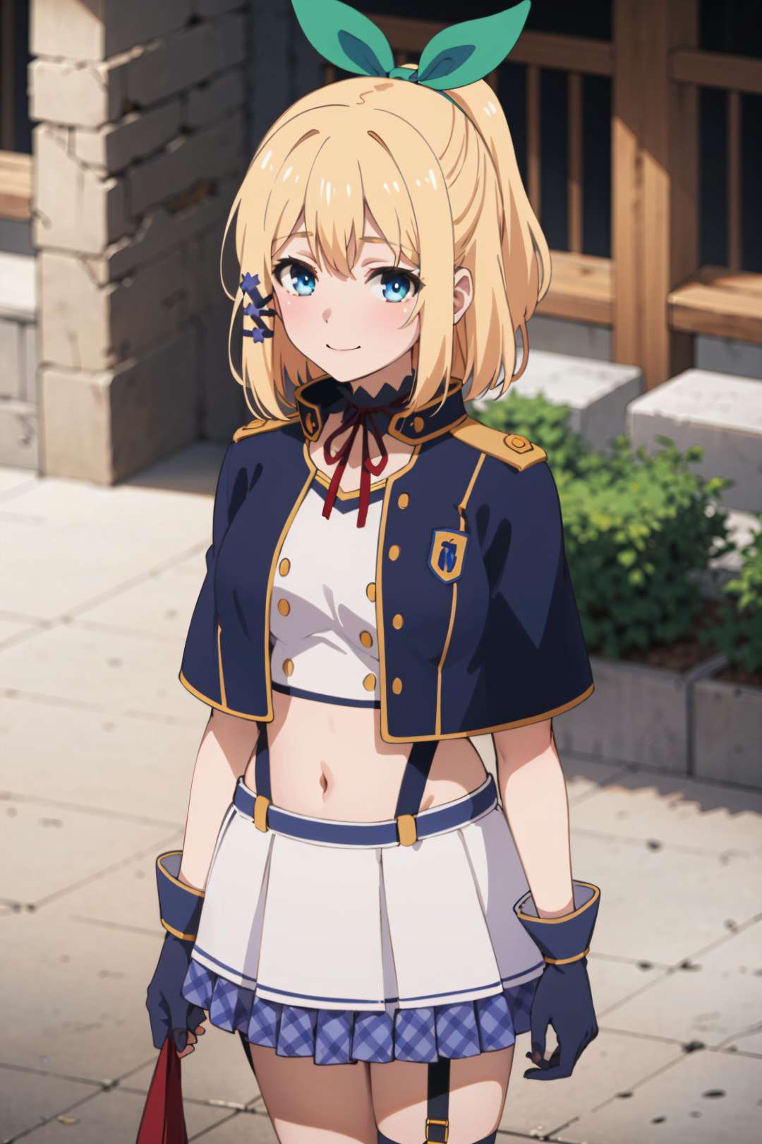 best quality, (masterpiece:1.2), detailed, medieval,<lora:chara_Rokuaka_RumiaTingel_v1:0.8>, Rumia Tingel,1girl, solo, closed mouth, light smile,medium hair, blonde hair, short ponytail, blue eyes, green bow, x hair ornament,school uniform, suspenders, blue capelet, white shirt, blue choker, red ribbon, miniskirt, white skirt, navel, gloves,standing, from angle, looking at the viewer,outdoors, castle