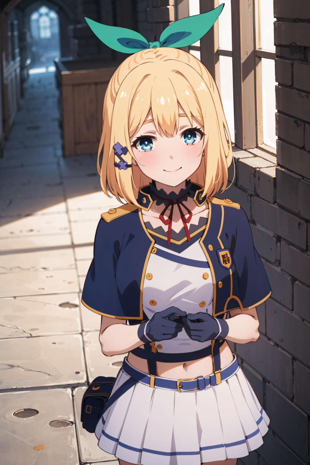 best quality, (masterpiece:1.2), detailed, medieval,<lora:chara_Rokuaka_RumiaTingel_v1:0.8>, Rumia Tingel,1girl, solo, closed mouth, light smile,medium hair, blonde hair, short ponytail, blue eyes, green bow, x hair ornament,school uniform, suspenders, blue capelet, white shirt, blue choker, red ribbon, miniskirt, white skirt, navel, gloves,standing, from angle, looking at the viewer,outdoors, castle