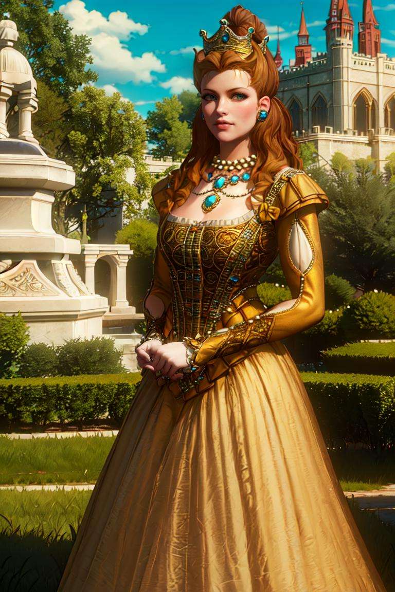 annahenrietta, yellow dress, high hair, crown, long skirt, necklace, jewelry, green field, opulent castle in background, marble, standing, looking at viewer, best quality, <lora:annahenriettaV4:0.7>