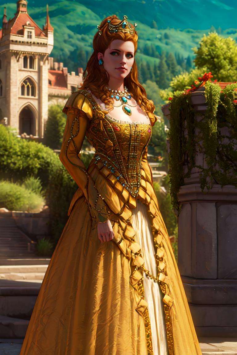 anna-henrietta, yellow dress, high hair, crown, long skirt, necklace, green field, opulent castle in background, marble, standing, looking at viewer, best quality, <lora:annahenriettaV4:0.7>