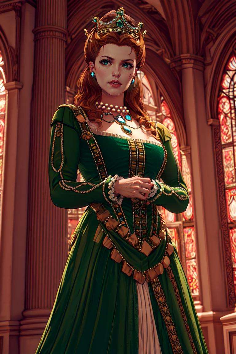 annahenrietta, upper body, green dress, brown eyes, high hair, crown, long skirt, necklace, jewelry, indoors, opulent palace hallway, window, marble, standing, sunlight, looking at viewer, best quality, <lora:annahenriettaV4:0.7>