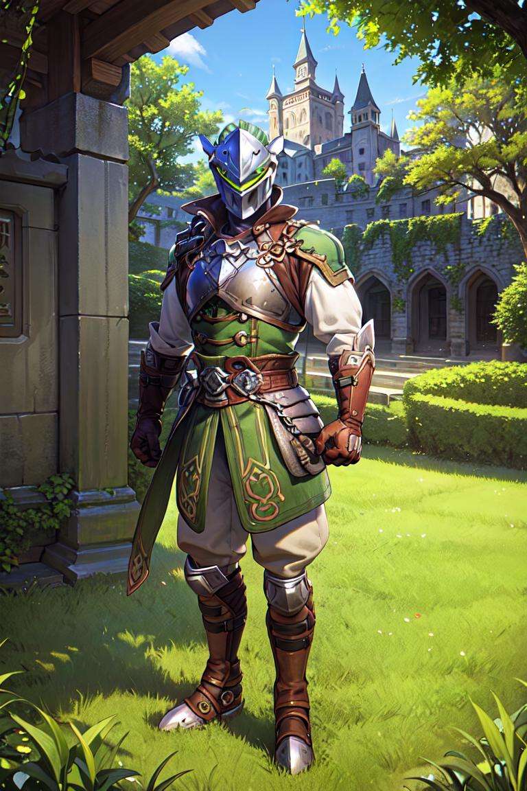 royalgenji, solo, armor, gloves, helmet, boots, standing, green grass field, castle in background, sunllight, deep colors, best quality, <lora:genjiV2:0.7>