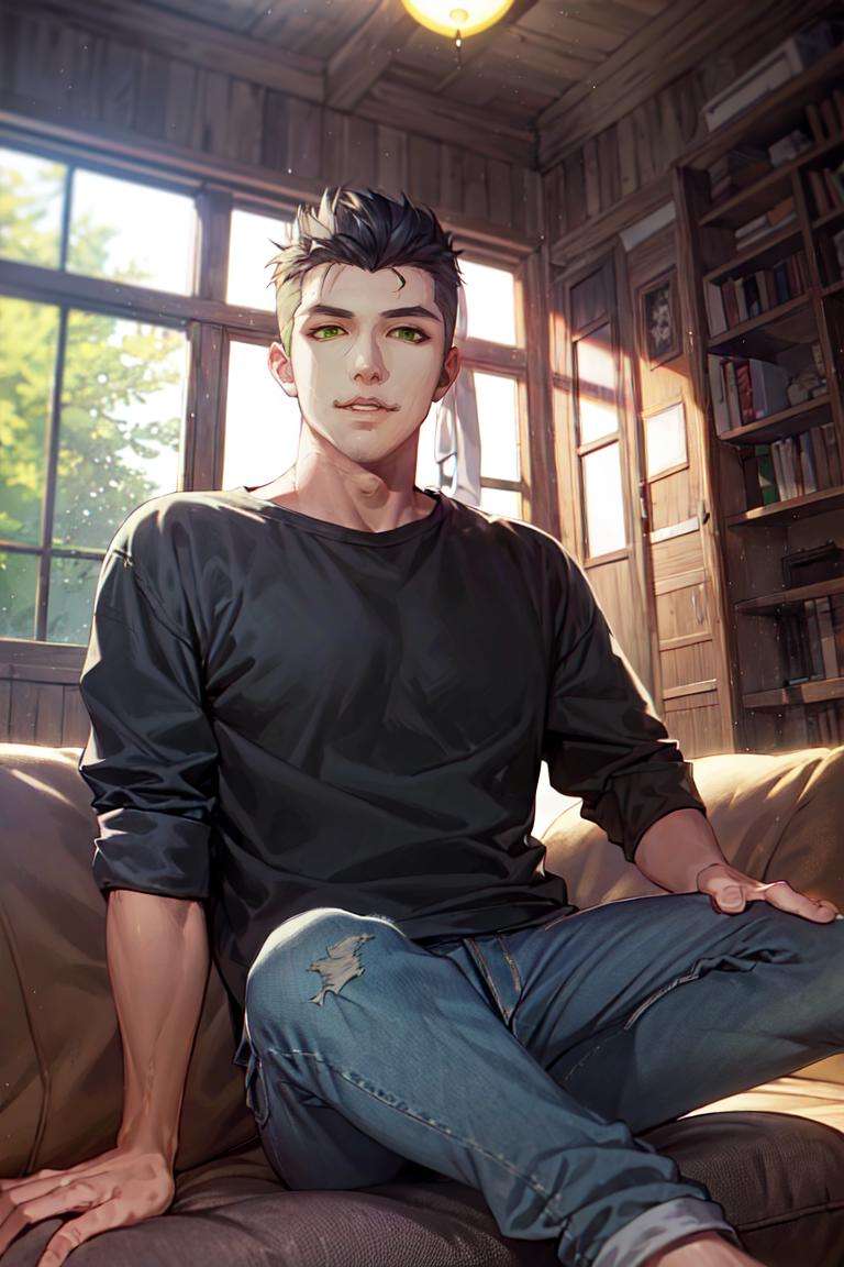 genji, solo, dressed in casual clothes, shrit, jeans, living room, indoors, sunllight, deep colors, best quality, <lora:genjiV2:0.7>
