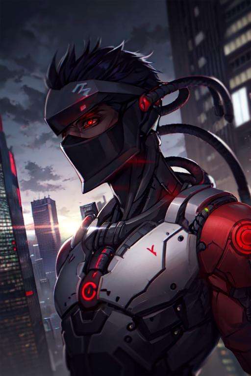 bwgenji, upper body, solo, mask, assymetrical cyborg parts, mechanical parts, red eyes, black hair, cable, standing, sunlight, outdoors, skyscraper, best quality,  <lora:genji:0.7>