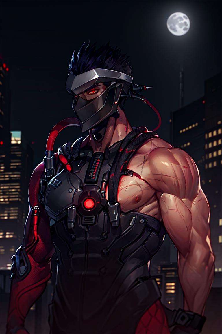 bwgenji, upper body, one arm naked, front view, solo, mask, red eyes, black hair, cable, standing, moonlight, outdoors, skyscraper, best quality,  <lora:genji:0.7>