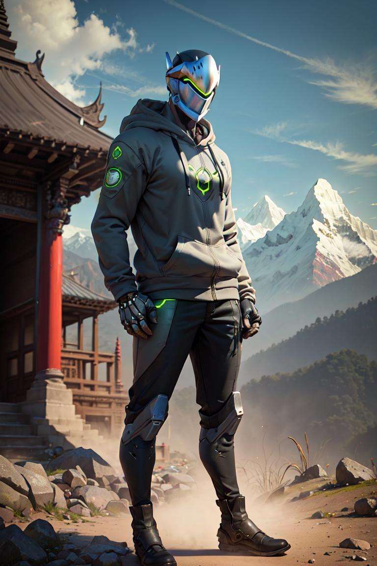 genji, solo, hoodie, hood down, black pants, cyborg, visor, helmet, boots, standing, nepal mountains, buddhist temple,, sunllight, deep colors, best quality, <lora:genjiV2:0.7>