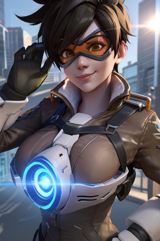 portrait, tracer, bomber jacket, chest harness, (orange goggles), futuristic city, looking at viewer, cheeky smile, sky, sunlight, best quality, <lora:tracerLast-000020:0.7>