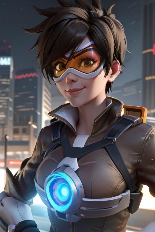 portrait, tracer, bomber jacket, chest harness, (orange goggles), futuristic city, looking at viewer, cheeky smile, sky, sunlight, best quality, <lora:tracerLast-000020:0.7>