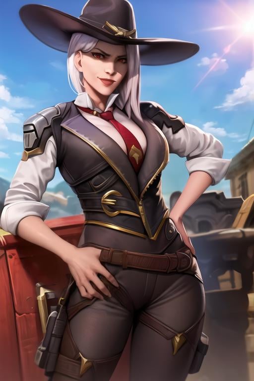 portrait, ashe, red eyes, waist up, jacket, suit, necktie, cowboy hat, blue sky, sunlight, smile, arrogant facial expression, hand on hips, clouds, pants, looking at viewer, best quality, <lora:asheX:0.8>