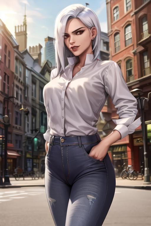 ashe, casual clothes, shirt, jeans, city street, sunlight, best quality,  <lora:asheX:0.8>