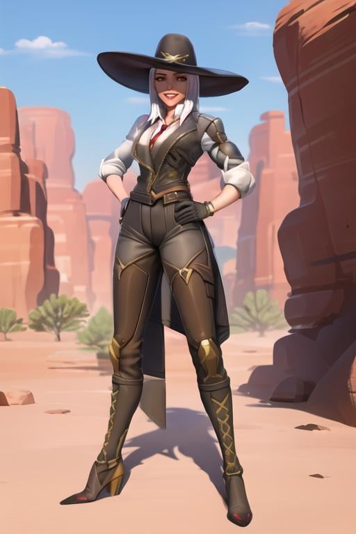 ashe, red eyes, solo, full body, suit, jacket,  gloves, hands on hips,  high heels, cowboy hat, blue sky, sunlight, smile, desert, rocks, standing, looking at viewer, best quality, <lora:asheX:0.8>