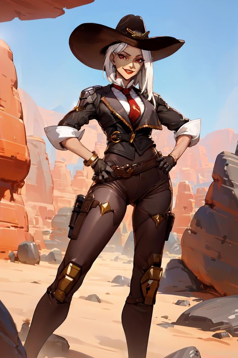 ashe, red eyes, solo, suit, jacket, gloves, hands on hips, high heels, cowboy hat, sunlight, smile, desert, rocks, standing, looking at viewer, best quality, <lora:asheX:0.7>