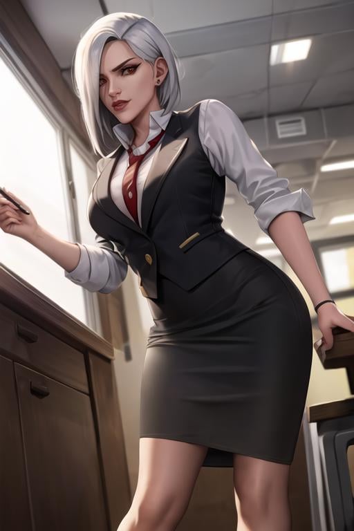 ashe, business clothes, pencil skirt, hands behind,, whtie shirt, office, dim light, fluorescent light, best quality, <lora:asheX:0.7>