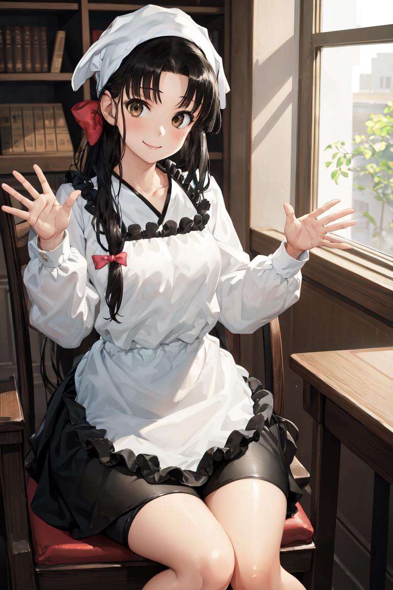 masterpiece, best quality, absurdres, perfect anatomy, 1girl, solo, ShouhouApron, low-tied long hair, kappougi, long sleeves, black skirt, sitting, chair, smile, waving at viewer, <lora:Shouhou:1>