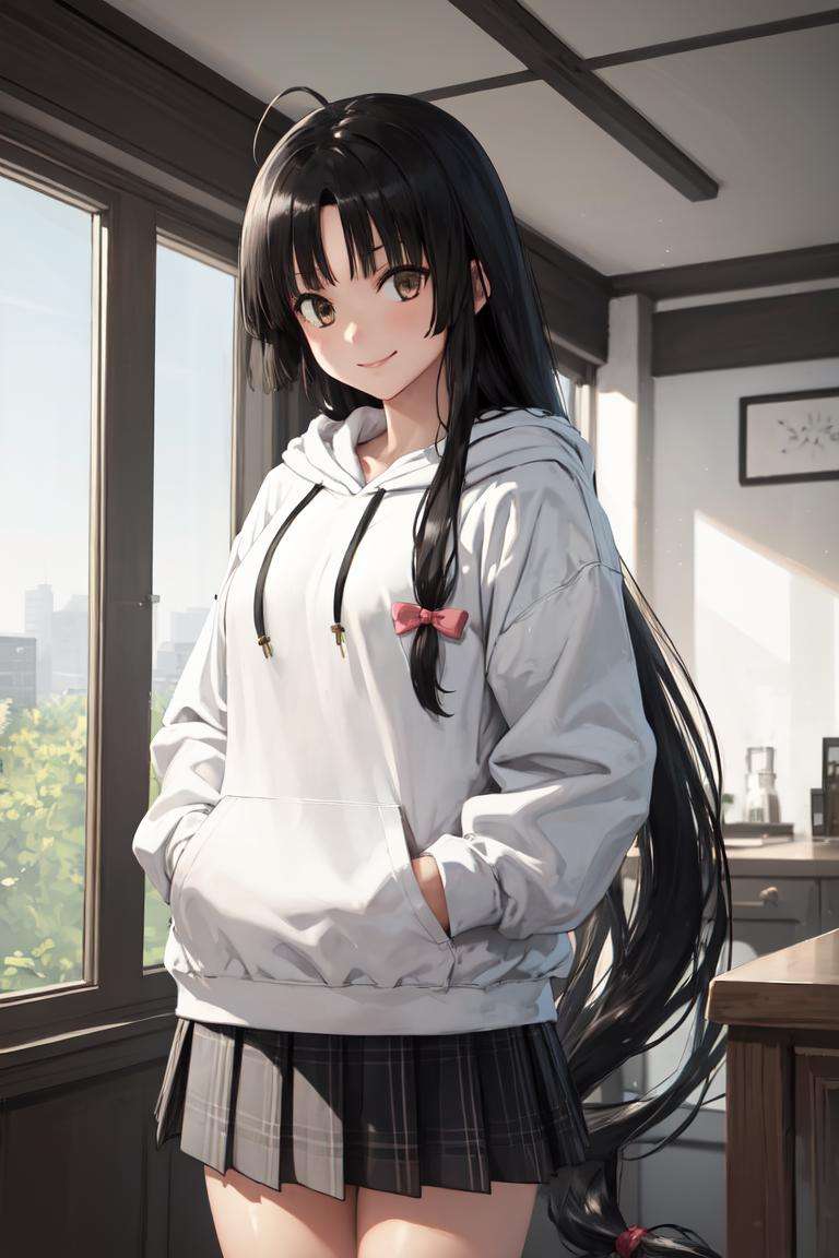 masterpiece, best quality, absurdres, perfect anatomy, 1girl, solo, Shouhou, low-tied long hair, ribbon, indoors, plaid skirt, hoodie, smile, hands in pockets, <lora:Shouhou:1>