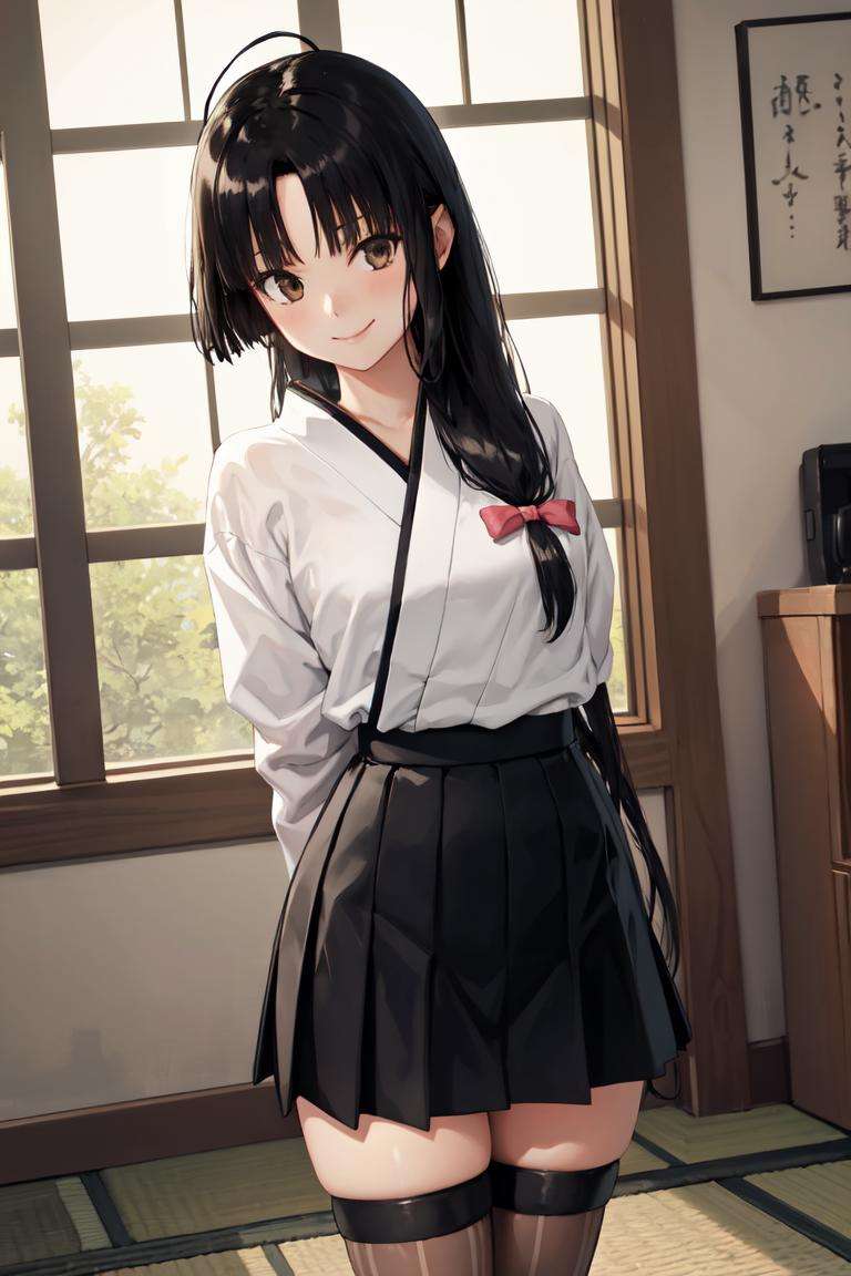 masterpiece, best quality, absurdres, perfect anatomy, 1girl, solo, ShouhouBase, low-tied long hair, kimono, hakama skirt, black skirt, striped thighhighs, arms behind back, smile, indoors, japanese room, <lora:Shouhou:1>