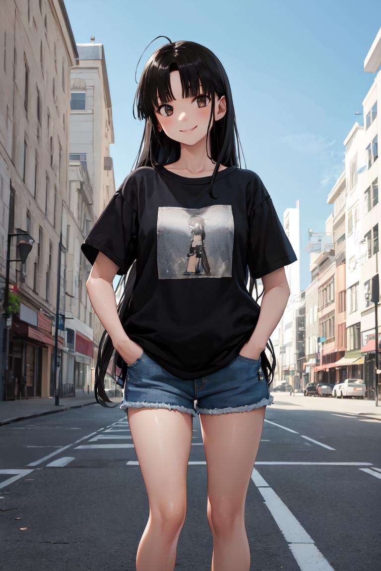 masterpiece, best quality, absurdres, perfect anatomy, 1girl, solo, Shouhou, low-tied long hair, graphic tee, denim shorts, standing, outdoors, city, hands in pockets, smile, <lora:Shouhou:1>