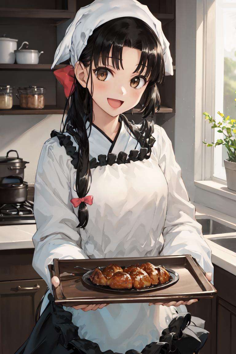 masterpiece, best quality, absurdres, perfect anatomy, 1girl, solo, ShouhouApron, low-tied long hair, kappougi, long sleeves, black skirt, kitchen, food, smile, :d, holding tray, <lora:Shouhou:1>