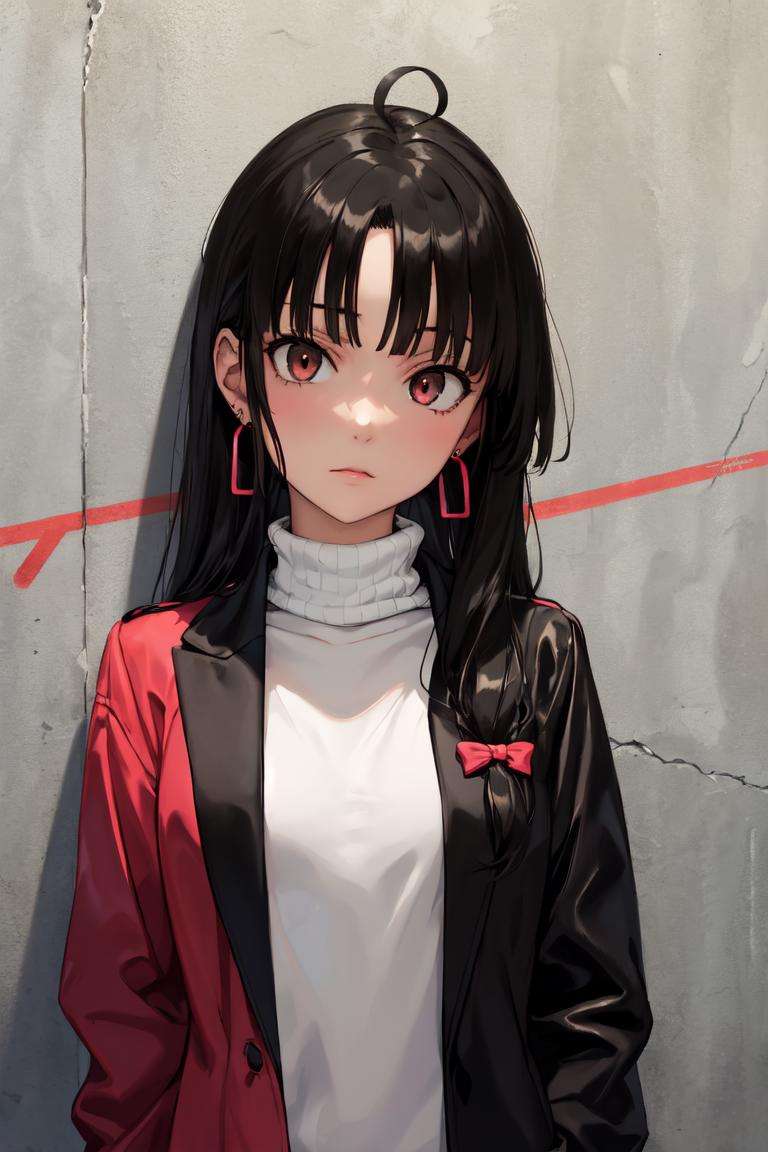 masterpiece, best quality, absurdres, perfect anatomy, 1girl, solo, Shouhou, low-tied long hair, ribbon, earrings, sharp eyes, choker, neon shirt, open jacket, turtleneck sweater, night, against wall, brick wall, graffiti, dim lighting, alley, looking at viewer, <lora:Shouhou:1>