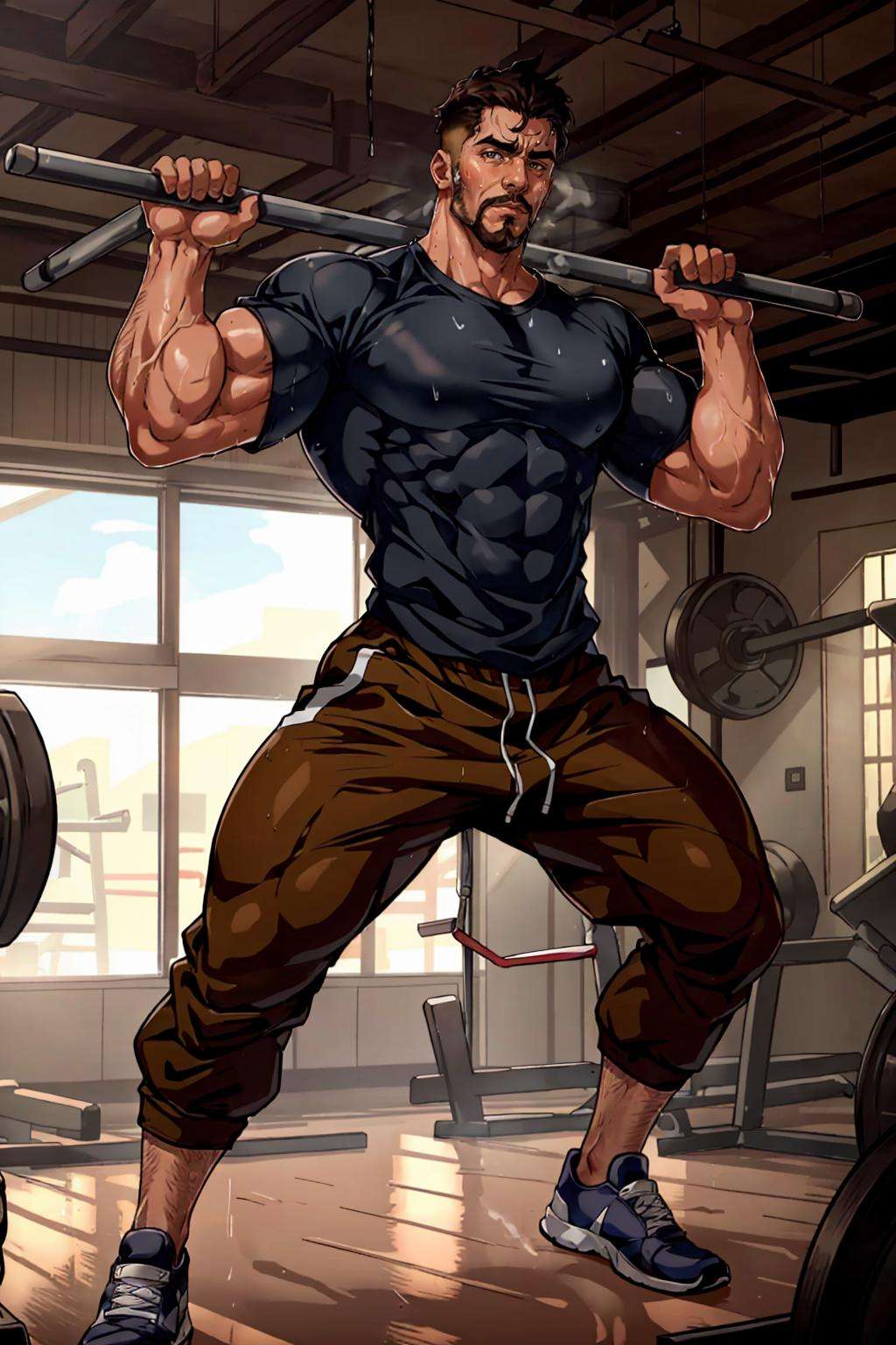 (ugandan man), gym, shirt, sweatpants, dynamic pose, sweaty, exercise, full body, ((facing viewer)),, (best quality), (masterpiece), (highly detailed), cinematic, (detailed background), depth of field, intricate details, 8k, bara, photo of a handsome man,