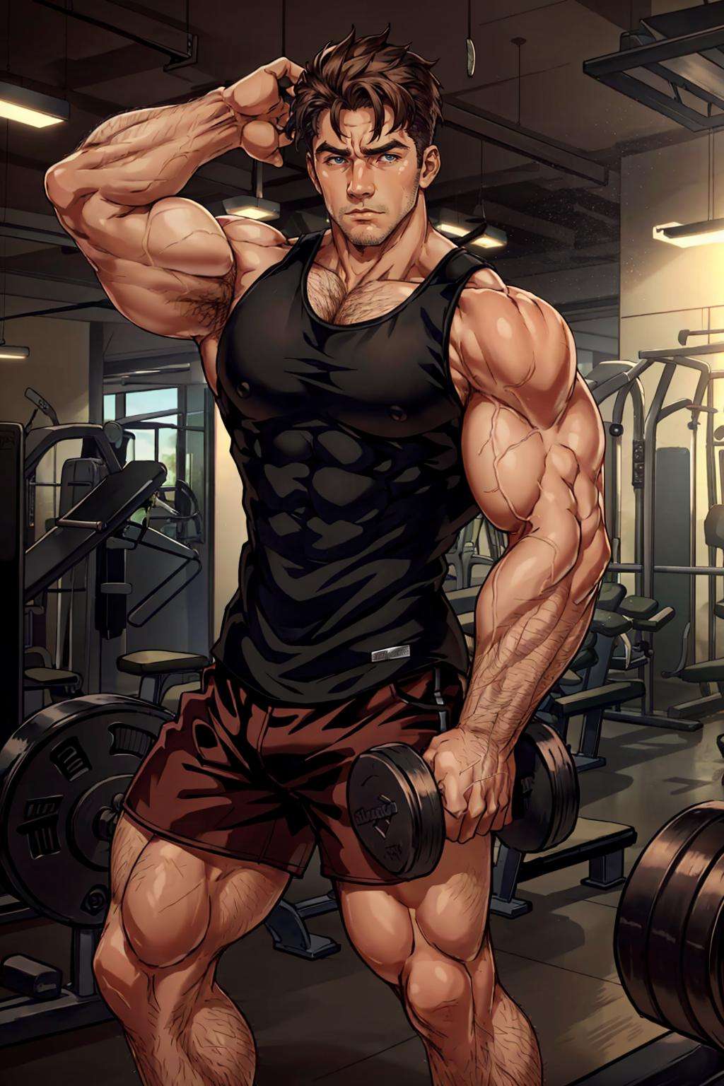 (finnish man), gym, tank top, shorts, holding dumbbell, dynamic pose,, (best quality), (masterpiece), (highly detailed), cinematic, (detailed background), depth of field, intricate details, 8k, bara, photo of a handsome man,