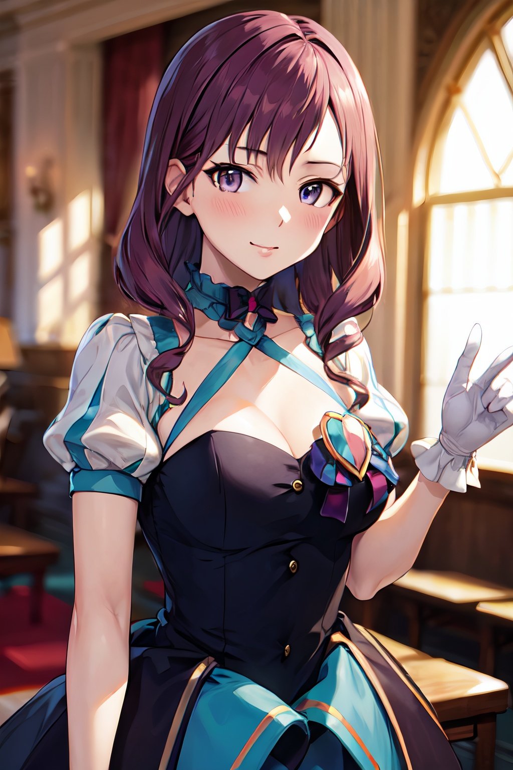 masterpiece, best quality, highres, crown, gloves, dress, makino, purple eyes, purple hair, gloves