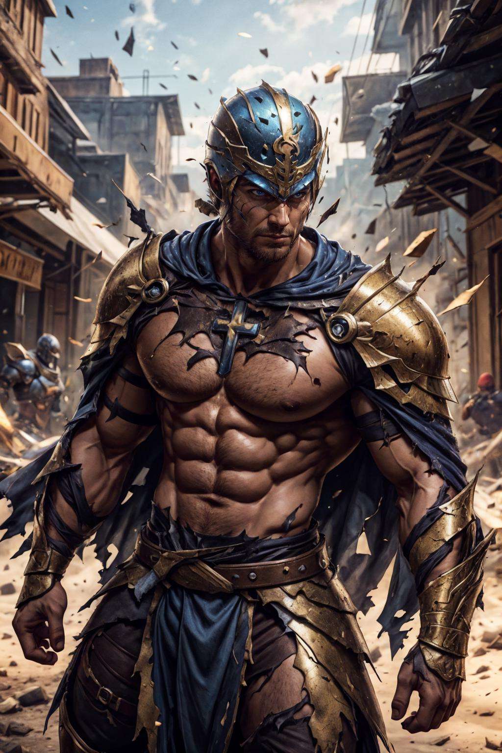 4rmorbre4k, torn clothes, broken armor, debris, injury, pained expression, pectorals, abs, fighting stance, dynamic pose, medieval fantasy city background, paladin armor, cross, cape, helmet, close up, face portrait,, best quality, masterpiece, realistic, (detailed background), depth of field, intricate details, 8k, art by greg rutkowski, detailed skin texture, detailed face, realistic eyes, male focus, photo of a man,