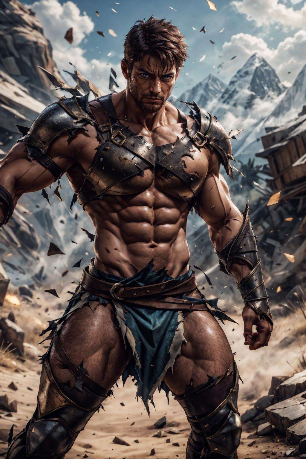 4rmorbre4k, torn clothes, broken armor, debris, injury, pained expression, embarrassed, blush, pectorals, abs, fighting stance, dynamic pose, medieval fantasy background, close up, face portrait, barbarian armor, harness, outdoors, nature, mountain, incoming attack, best quality, masterpiece, realistic, (detailed background), depth of field, intricate details, 8k, art by greg rutkowski, detailed skin texture, detailed face, realistic eyes, male focus, photo of a man,