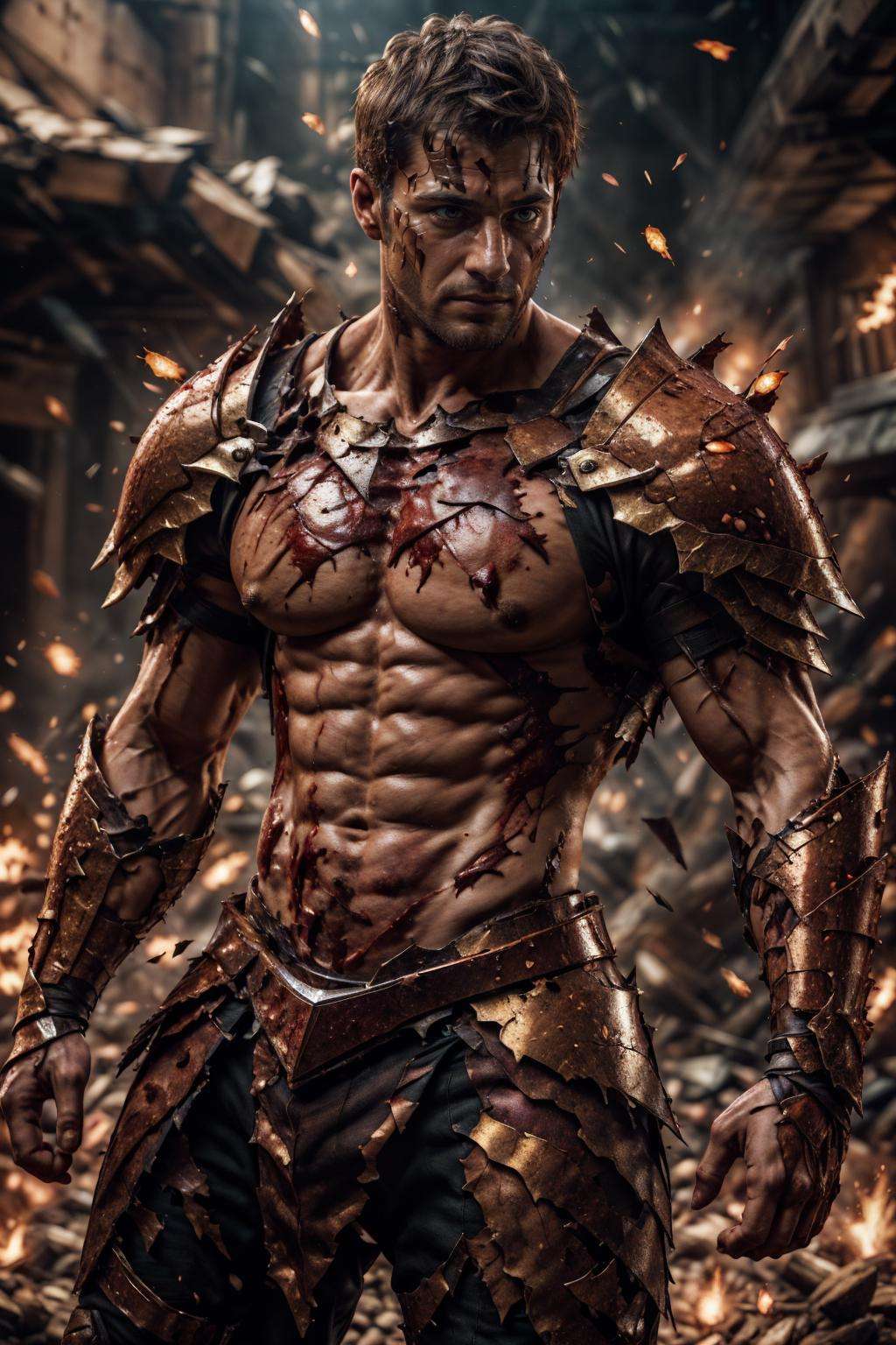 4rmorbre4k, torn clothes, broken armor, debris, injury, pained expression, embarrassed, blush, pectorals, abs, ((fighting stance)), dynamic pose, medieval fantasy background, close up, face portrait, fl3sh4rmor, wearing embers knight armor, blood, meat, veins, (from side:0.7), best quality, masterpiece, realistic, (detailed background), depth of field, intricate details, 8k, art by greg rutkowski, detailed skin texture, detailed face, realistic eyes, male focus, photo of a man,