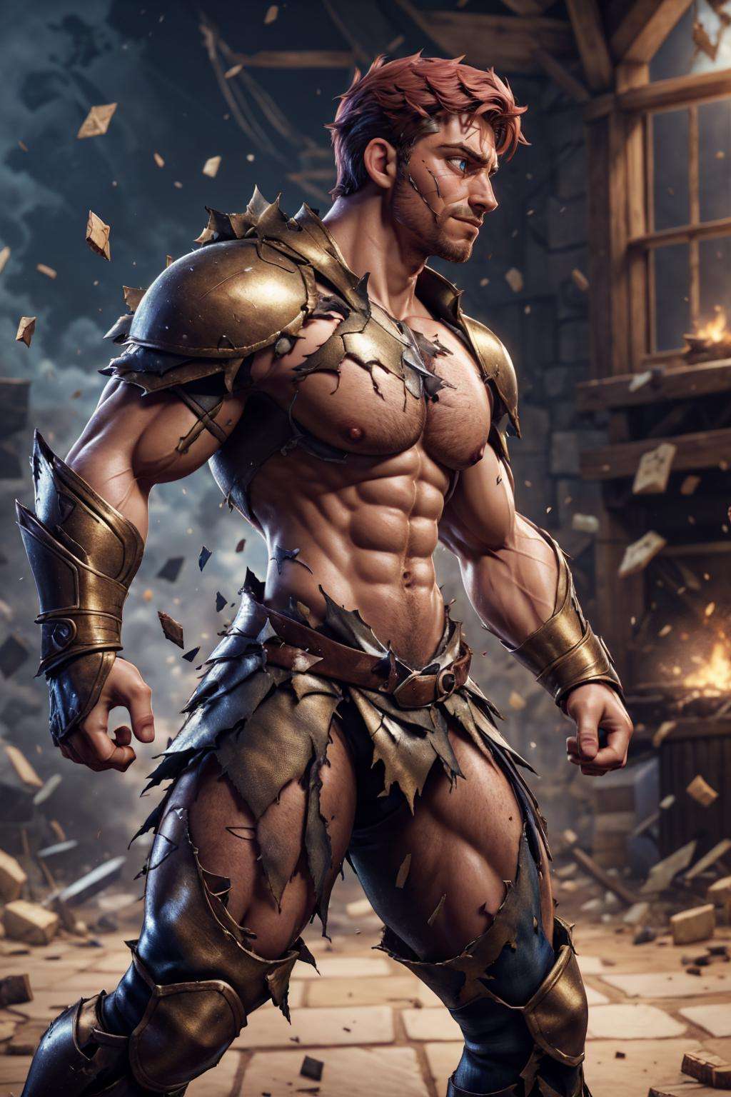 4rmorbre4k, torn clothes, broken armor, debris, injury, pained expression, embarrassed, blush, pectorals, abs, ((fighting stance)), dynamic pose, medieval fantasy background, close up, face portrait, full armor, from side, best quality, masterpiece, realistic, (detailed background), depth of field, intricate details, 8k, art by greg rutkowski, detailed skin texture, detailed face, realistic eyes, male focus, photo of a man,