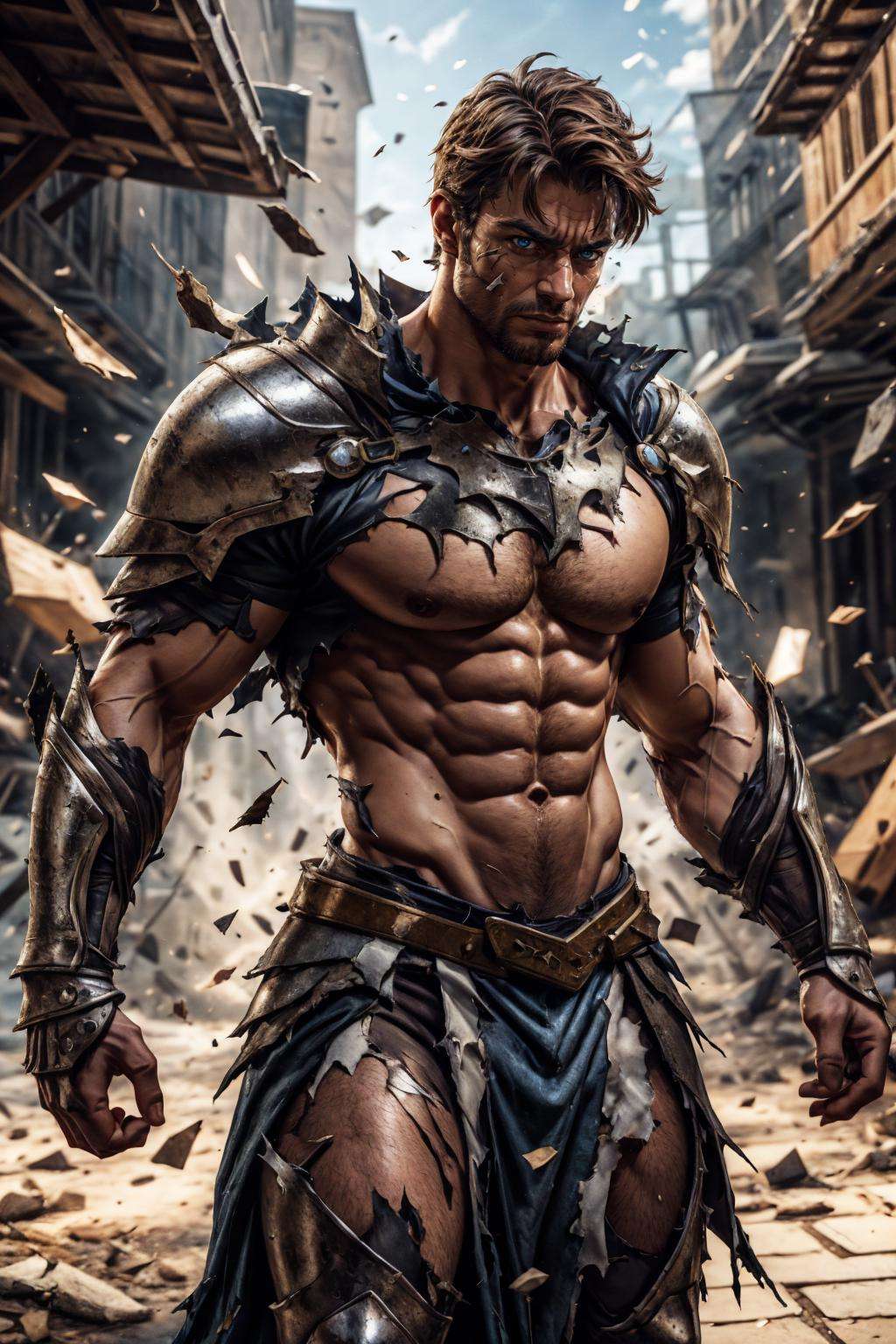 4rmorbre4k, torn clothes, broken armor, debris, injury, pained expression, pectorals, abs, fighting stance, dynamic pose, medieval fantasy city background, close up, face portrait, knight armor, best quality, masterpiece, realistic, (detailed background), depth of field, intricate details, 8k, art by greg rutkowski, detailed skin texture, detailed face, realistic eyes, male focus, photo of a man,