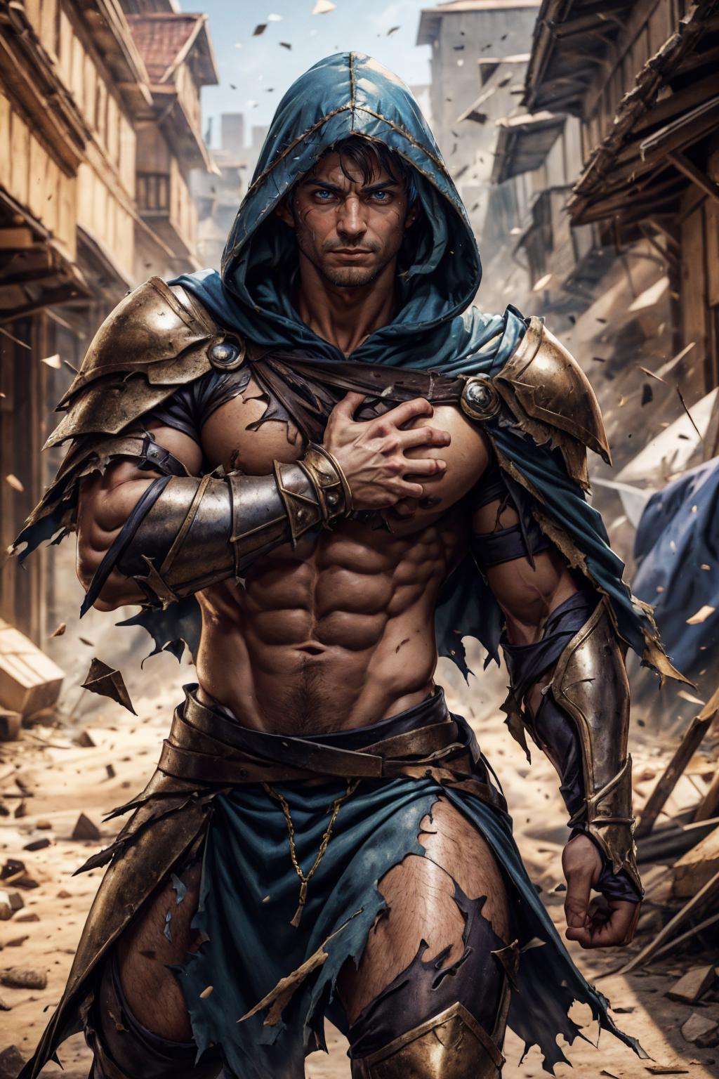 4rmorbre4k, torn clothes, broken armor, debris, injury, pained expression, embarrassed, blush, pectorals, abs, fighting stance, dynamic pose, medieval fantasy outdoors background, close up, face portrait, rogue armor, cloak, hood, best quality, masterpiece, realistic, (detailed background), depth of field, intricate details, 8k, art by greg rutkowski, detailed skin texture, detailed face, realistic eyes, male focus, photo of a man,