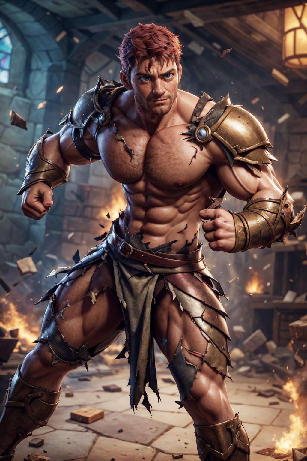 4rmorbre4k, torn clothes, broken armor, debris, injury, pained expression, embarrassed, blush, pectorals, abs, ((fighting stance)), dynamic pose, medieval fantasy background, close up, face portrait,, best quality, masterpiece, realistic, (detailed background), depth of field, intricate details, 8k, art by greg rutkowski, detailed skin texture, detailed face, realistic eyes, male focus, photo of a man,