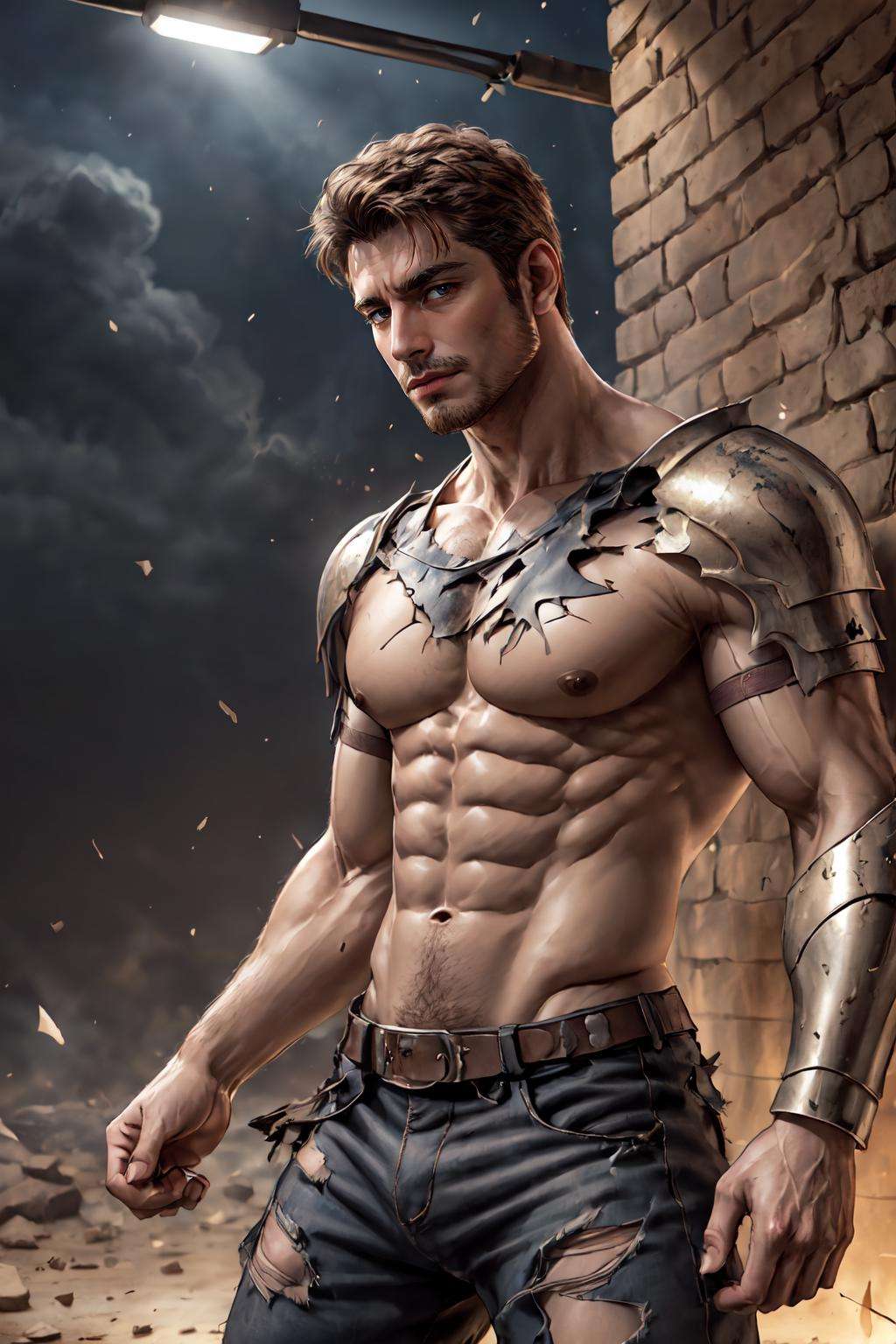 <lora:Clothing - Armor Break:.5>,  ((4RMORBRE4K, TORN CLOTHES, BROKEN ARMOR, DEBRIS)),  (homoerotic), masterpiece, highly detailed face and skin, hyperrealistic, male only, bara, mature, stubble, muscular male, handsome, male focus, spot lights, volumetric lighting, dramatic lighting, bokeh,  (close-up shot), ((cinematic lighting, realistic, detailed background, clear texture, best background, depth of field,light particles,(Balance and coordination between all things),real light and shadow, perspective, composition, adventurous, energy, exploration, contrast, experimental, unique <lora:style_adddetail:.7><lora:style_breakrealize:1>,from below, exercising, (detailed background, cinematic, detailed, atmospheric, epic, concept art, masterpiece, best quality, 8k, ultrarealsitc), realistic,