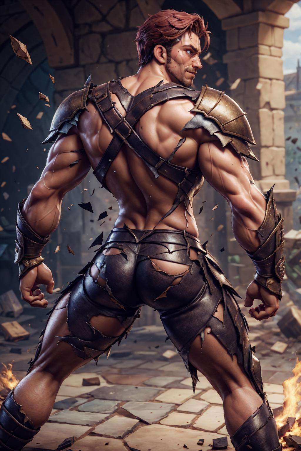 4rmorbre4k, torn clothes, broken armor, debris, injury, pained expression, embarrassed, blush, pectorals, abs, ((fighting stance)), dynamic pose, medieval fantasy background, close up, face portrait, back, ass, full armor, best quality, masterpiece, realistic, (detailed background), depth of field, intricate details, 8k, art by greg rutkowski, detailed skin texture, detailed face, realistic eyes, male focus, photo of a man,