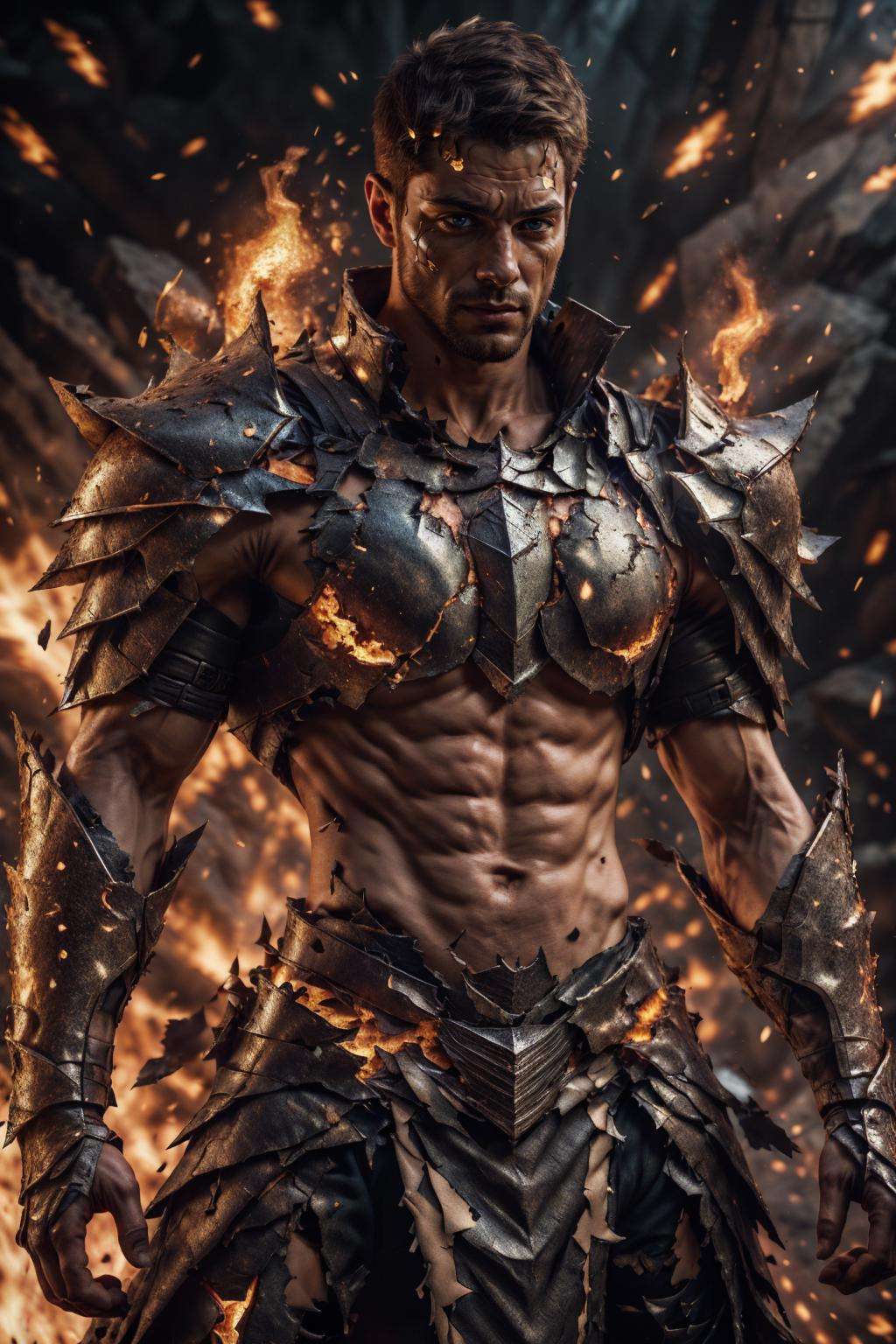 4rmorbre4k, torn clothes, broken armor, debris, injury, pained expression, embarrassed, blush, pectorals, abs, fighting stance, dynamic pose, medieval fantasy background, close up, face portrait, emb3r4rmor, wearing embers knight armor, glowing, burning, best quality, masterpiece, realistic, (detailed background), depth of field, intricate details, 8k, art by greg rutkowski, detailed skin texture, detailed face, realistic eyes, male focus, photo of a man,