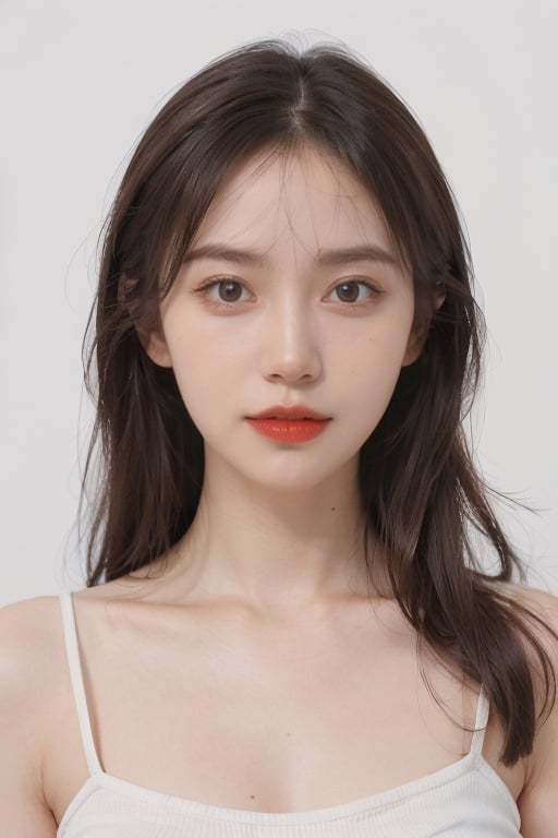 (white background:1.5),(photorealistic:1.2),extremely detailed,beautiful,1girl,beauty,small face,(pale skin:1.2),porcelain like skin,((brown eyes)),black long hair,(face shot:1.5),(close up),face focus,