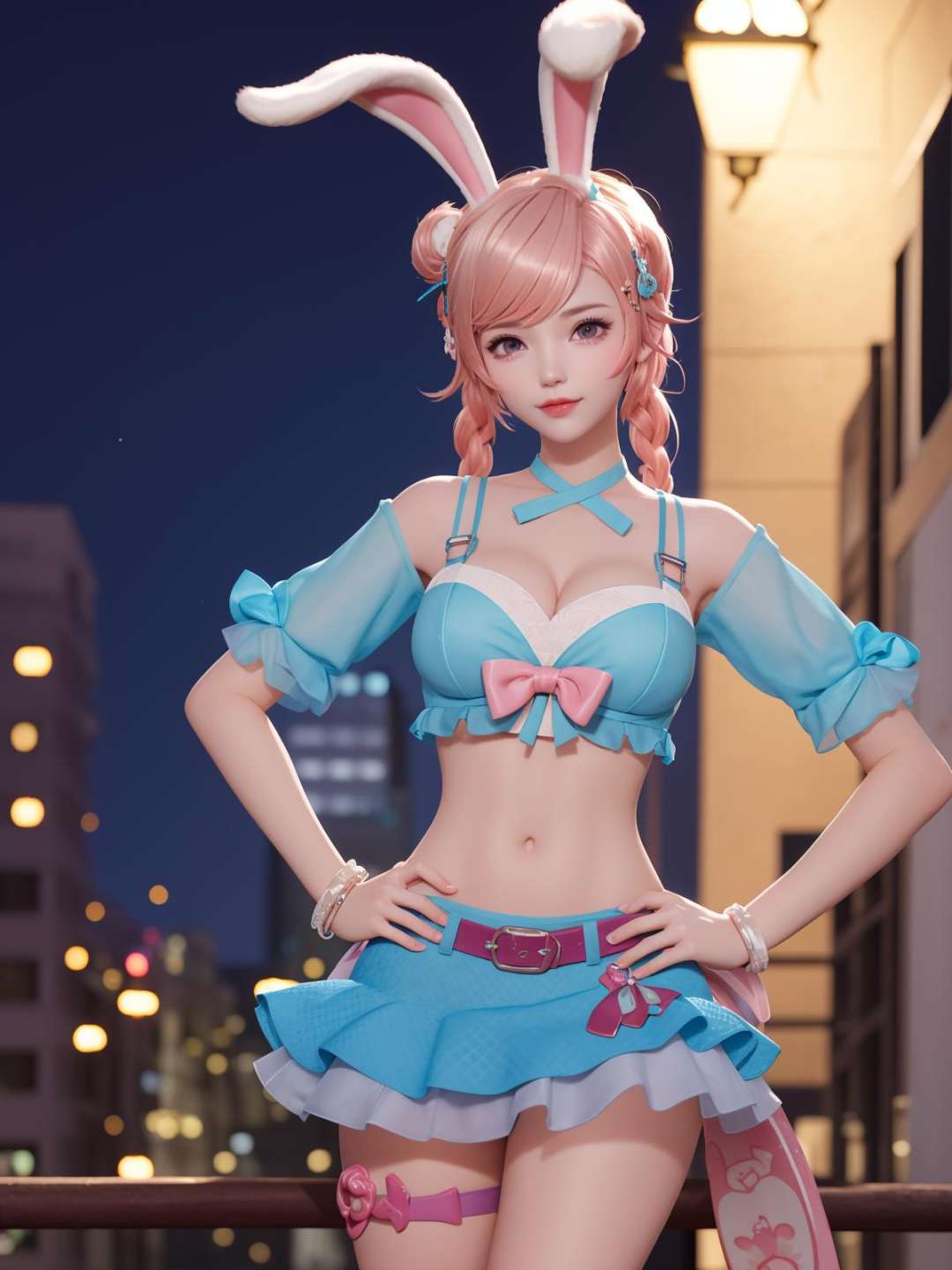 WZRYgongsunliHLKT, 1girl, solo, pink hair, rabbit ears, skirt,navel, hair ornament, purple eyes, midriff, single hair bun,short hair,jewelry,thigh strap,bangs, braid, bow,mature female, cityscape, night,looking at viewer, hand on hip, cowboy shot, light smile,  <lora:WZRYgongsunliHLKTii:0.75>